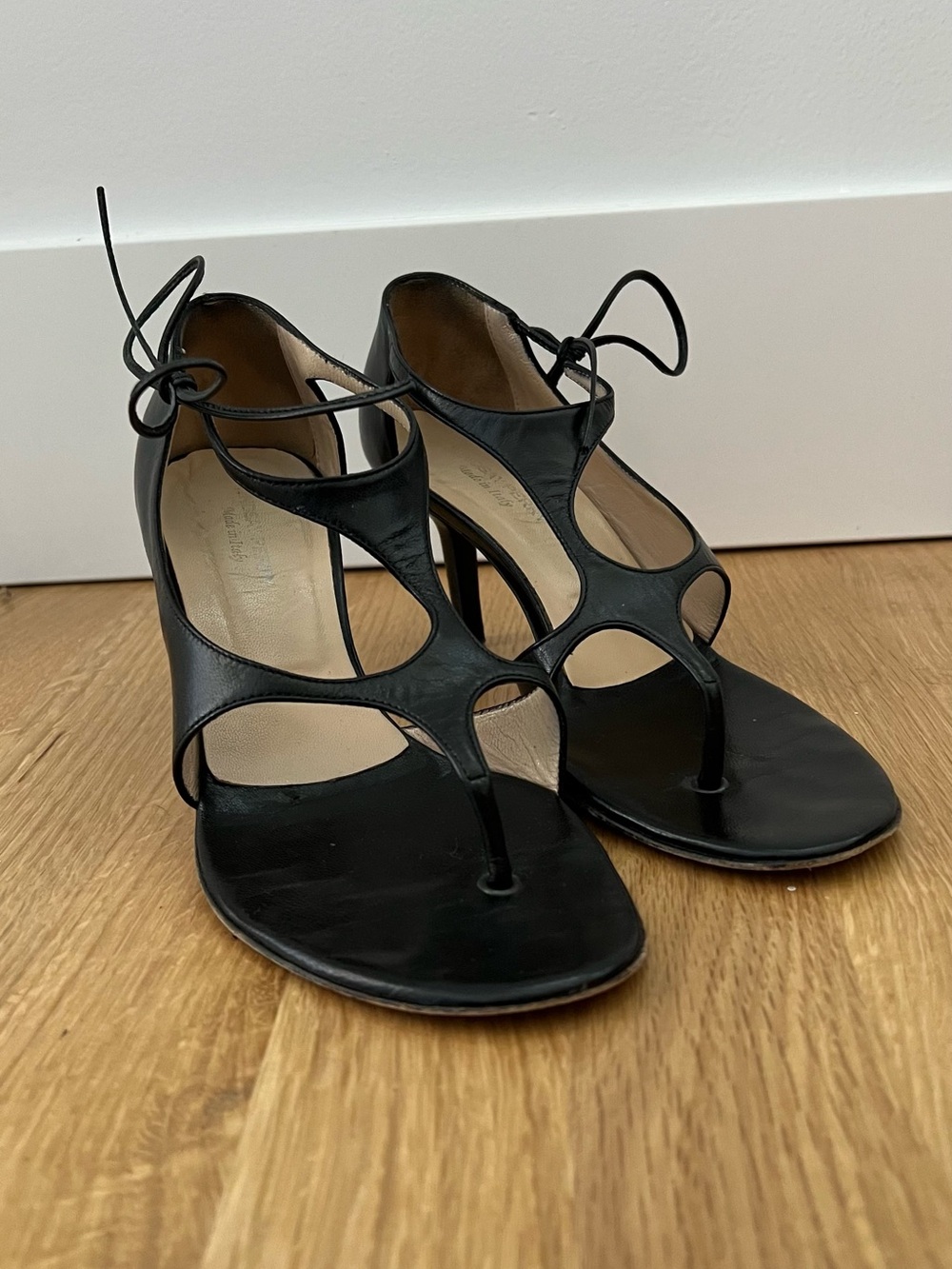 Black Leather Lace-Up Strappy Heels